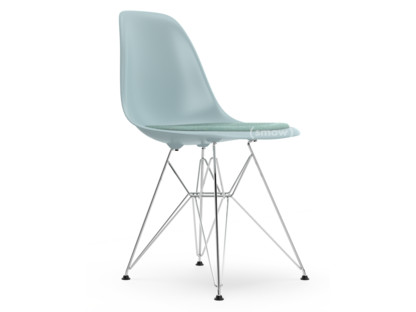 Eames Plastic Side Chair RE DSR Gris bleuté|Avec coussin d'assise|Bleu glacier / ivoire|Version standard - 43 cm|Chromé