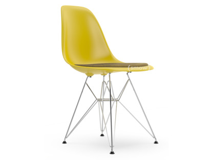 Eames Plastic Side Chair RE DSR Moutarde|Avec coussin d'assise|Moutarde / gris foncé|Version standard - 43 cm|Chromé