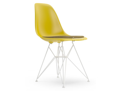 Eames Plastic Side Chair RE DSR Moutarde|Avec coussin d'assise|Moutarde / gris foncé|Version standard - 43 cm|Revêtement blanc