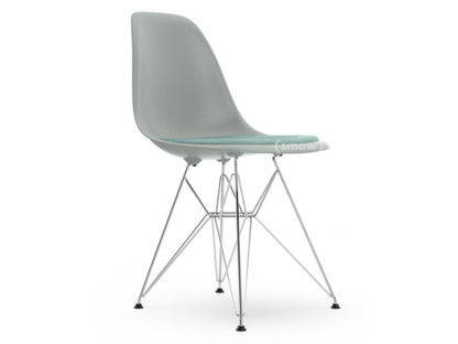 Eames Plastic Side Chair RE DSR Gris clair|Avec coussin d'assise|Bleu glacier / ivoire|Version standard - 43 cm|Chromé