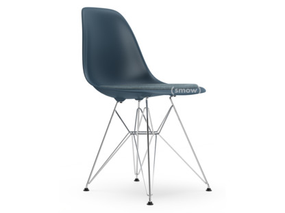 Eames Plastic Side Chair RE DSR Bleu océan|Avec coussin d'assise|Bleu glacier / marron marais|Version standard - 43 cm|Chromé