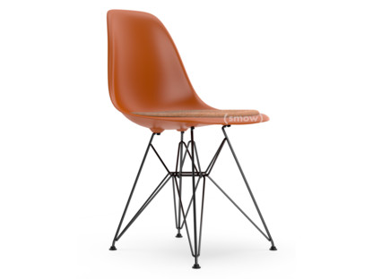 Eames Plastic Side Chair RE DSR Orange rouille|Avec coussin d'assise|Cognac / ivoire|Version standard - 43 cm|Revêtement basic dark