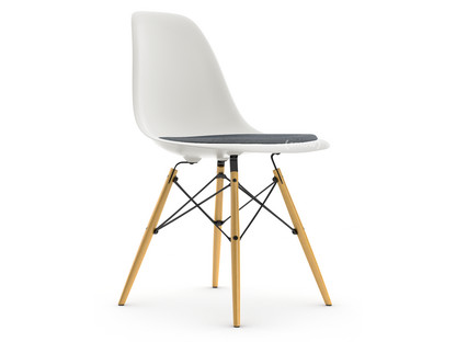 Eames Plastic Side Chair RE DSW Blanc|Avec coussin d'assise|Bleu foncé / ivoire|Version standard - 43 cm|Frêne tons miel