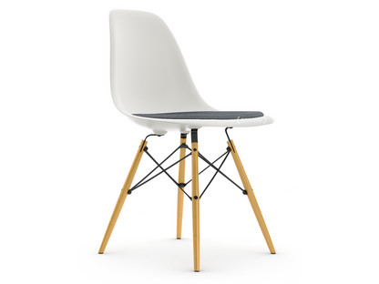 Eames Plastic Side Chair RE DSW Blanc|Avec coussin d'assise|Bleu foncé / ivoire|Version standard - 43 cm|Érable nuance de jaune