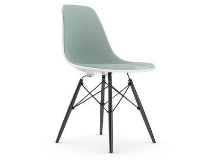 Eames Plastic Side Chair RE DSW Blanc|Rembourrage intégral|Bleu glacier / ivoire|Version standard - 43 cm|Érable noir