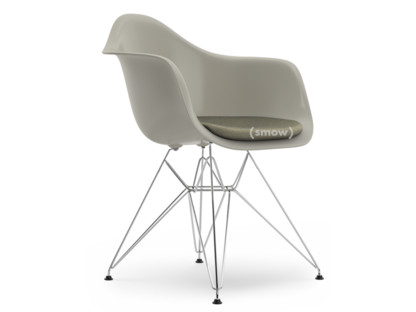 Eames Plastic Armchair RE DAR Galet|Avec coussin d'assise|Gris chaud / ivoire|Version standard - 43 cm|Chromé