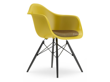 Eames Plastic Armchair RE DAW Moutarde|Avec coussin d'assise|Moutarde / gris foncé|Version standard - 43 cm|Érable noir