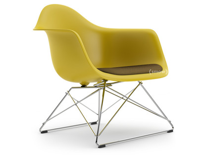 Eames Plastic Armchair RE LAR Moutarde|Coussin d'assise moutarde / gris foncé|Chromé