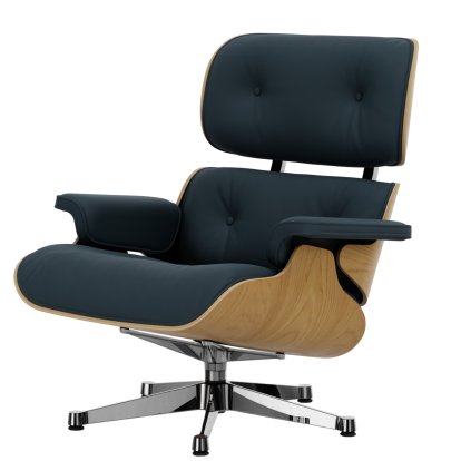 Eames Lounge Chair, Châtaignier naturel, Cuir Premium F bleu fumé, 84 cm - Hauteur originale de 1956, Aluminium poli