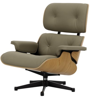 Eames Lounge Chair, Châtaignier naturel, Cuir Premium F sable, 89 cm, Aluminium poli, côtés noirs