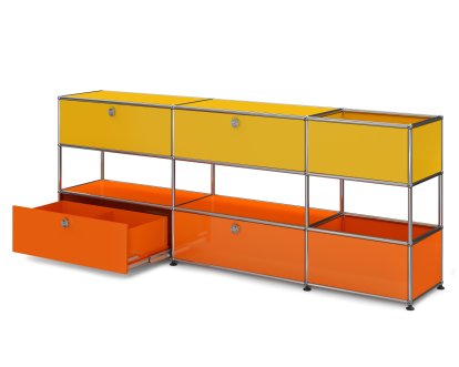 Buffet USM Haller pour enfants L avec boîtes de rangement, Bicolore, Jaune or RAL 1004 - Orange pur RAL 2004, Avec porte abattante et porte coulissante (incl. cadre métallique)