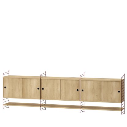 Étagère murale String System avec 3 armoires suspendues, Placage chêne, Rouge foncé