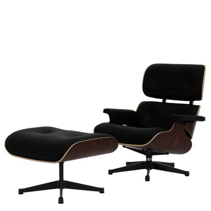 Eames Lounge Chair & Ottoman, Palissandre Santos, Cuir Premium F nero, 84 cm - Hauteur originale de 1956, Aluminium poli, côtés noirs