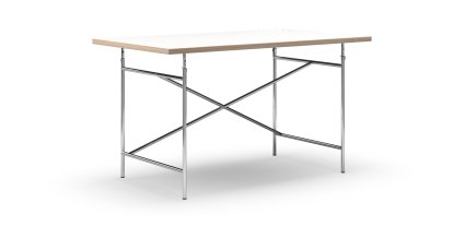 Table Eiermann, Mélaminé blanc avec bords chêne, 140 x 80 cm, Chromé, Oblique, décalé (Eiermann 1), 110 x 66 cm