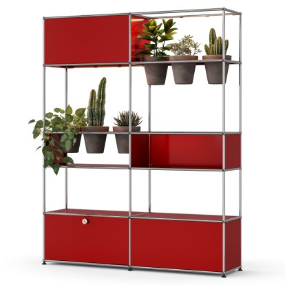 Étagère de séparation USM Haller E plantes, Rouge rubis USM, Basalte, Éclairage LED blanc chaud