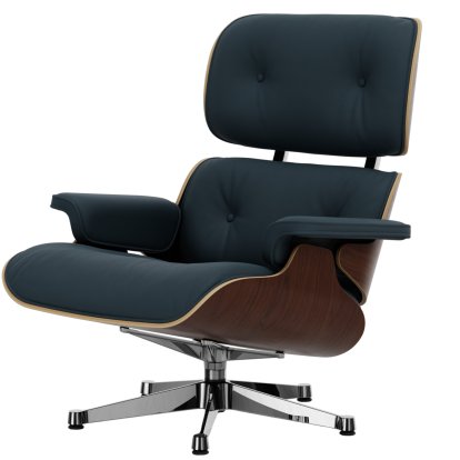 Eames Lounge Chair, Noyer foncé, Cuir Premium F bleu fumé, 89 cm, Aluminium poli