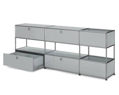 Buffet USM Haller pour enfants L avec boîtes de rangement, Monochrome, Argent mat USM, Avec porte abattante et porte coulissante (incl. cadre métallique)