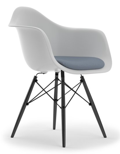 Eames Plastic Armchair DAW, Coton blanc, Avec coussin d'assise, Bleu foncé / ivoire, Version standard - 43 cm, Érable noir