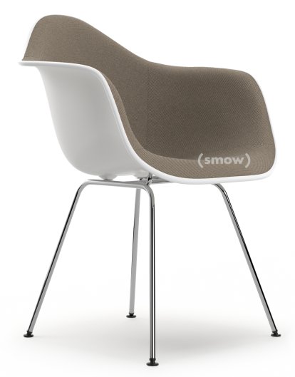 Eames Plastic Armchair DAX, Blanc RE, Rembourrage intégral, Gris chaud / marron marais, Version standard - 43 cm, Chromé