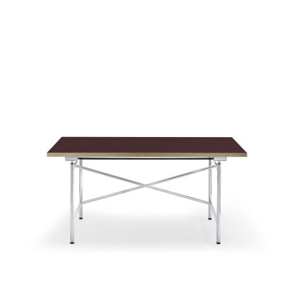 Table Eiermann 1 M (réglage mécanique de la hauteur), Linoleum bordeaux (Forbo 4154) avec bords en chêne, 140 x 80 cm, Chromé