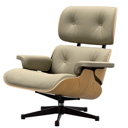 Eames Lounge Chair, Châtaignier naturel, Cuir Premium F sable, 89 cm, Aluminium poli, côtés noirs