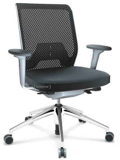 ID Mesh, Mécanisme Flowmotion avec inclinaison avant et réglage de la profondeur , Avec accotoirs 2D, Piétement à 5 branches, aluminium poli, Soft grey, Assise Skin, dossier Netline, Nero, Durs pour tapis