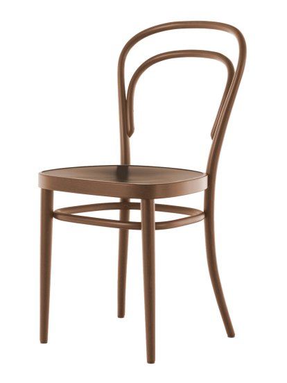 Chaise bistrot 214 / 214 M originale, Sans accotoirs, Hêtre teinté couleur noyer, Siège en contreplaqué moulé