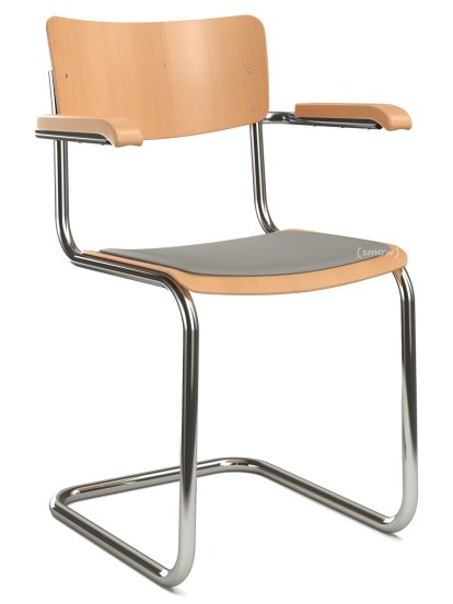 Chaise cantilever S 43 F classique avec accotoirs, Piétement chromé, Hêtre teinté, Hêtre naturel, Coussin d'assise avec rembourrage mélange gris clair, Patins en plastique noir avec feutre