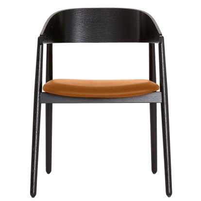 Chaise salle à manger AC2, Chêne laqué noir mat, Avec coussin d'assise, cuir cognac