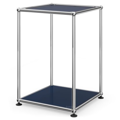 Table d'appoint USM Haller haute 35, Panneau supérieur en verre laqué, panneau inférieur en métal, Bleu acier RAL 5011