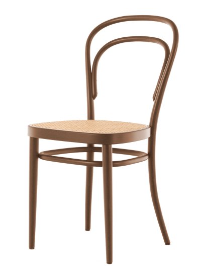 Chaise bistrot 214 / 214 M originale, Sans accotoirs, Hêtre teinté couleur noyer, Cannage (avec tissu de soutien sous l'assise)