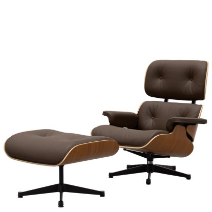 Eames Lounge Chair & Ottoman, Noyer naturel, Cuir Premium F marron, 89 cm, Aluminium poli, côtés noirs