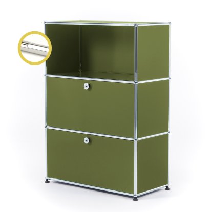 USM Haller E Highboard M avec 2 portes battantes et éclairage du compartiment, Vert olive RAL 6003, Blanche froide