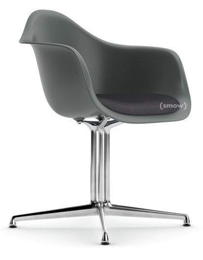 Eames Plastic Armchair RE DAL, Gris granit, Avec coussin d'assise, Gris foncé, Aluminium poli, Nouvelle hauteur d'assise (43,0 cm)