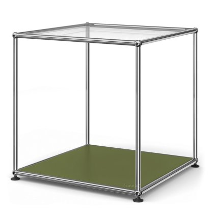 Table d'appoint USM Haller 50 haute, Panneau supérieur en verre, panneau inférieur en métal, Vert olive RAL 6003