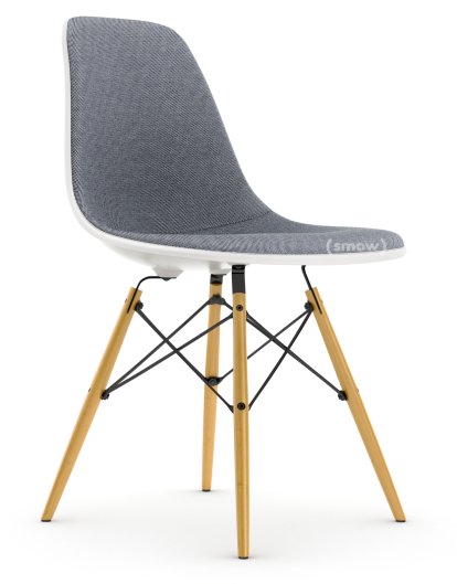 Eames Plastic Side Chair DSW, Blanc RE, Rembourrage intégral, Bleu foncé / ivoire, Version standard - 43 cm, Érable nuance de jaune