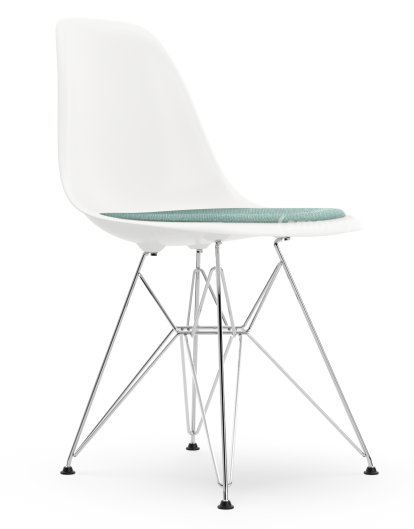 Eames Plastic Side Chair DSR, Blanc RE, Avec coussin d'assise, Bleu glacier / ivoire, Version standard - 43 cm, Chromé