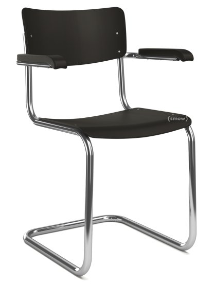 Chaise cantilever S 43 F classique avec accotoirs, Piétement chromé, Hêtre laqué, Noir profond (RAL 9005) , Sans coussin d'assise, Patins en plastique noir avec feutre