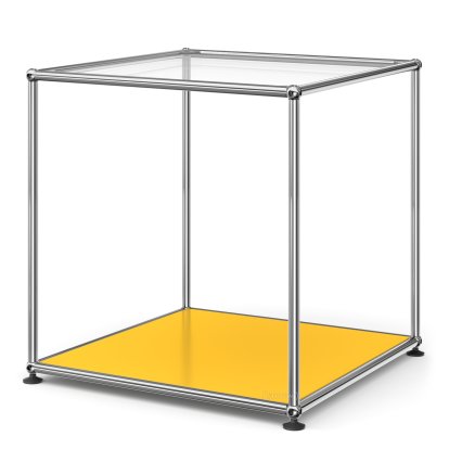 Table d'appoint USM Haller 50 haute, Panneau supérieur en verre, panneau inférieur en métal, Jaune or RAL 1004