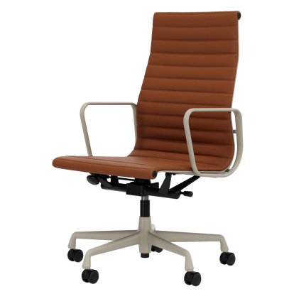Aluminium Chair EA 119, Aluminium revêtu par poudre couleur craie, Cuir (Standard), Cognac