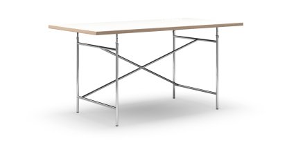 Table Eiermann, Mélaminé blanc avec bords chêne, 160 x 80 cm, Chromé, Oblique, décalé (Eiermann 1), 110 x 66 cm