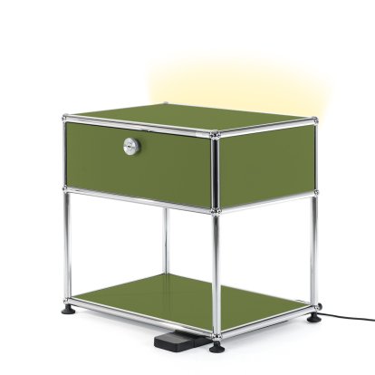 Table de chevet USM Haller E avec variateur de lumière, Vert olive RAL 6003