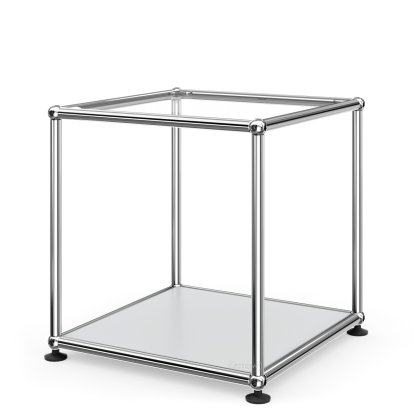 Table d'appoint 35 USM Haller, Panneau supérieur en verre, panneau inférieur en métal, Argent mat USM
