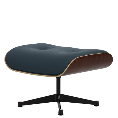 Eames Lounge Chair Ottoman, Noyer foncé, Cuir Premium F bleu fumé, Aluminium poli, côtés noirs