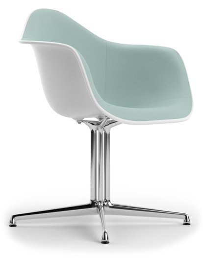Eames Plastic Armchair RE DAL, Coton blanc, Rembourrage intégral, Bleu glacier / ivoire, Aluminium poli, Nouvelle hauteur d'assise (43,0 cm)