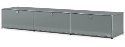 Meuble bas Lowboard XL USM Haller, personnalisable, Gris moyen RAL 7005, Avec 3 portes abattantes, 50 cm