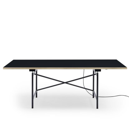 Table Eiermann 1 E (réglage électrique de la hauteur), Linoleum noir (Forbo 4023) avec bords en chêne, 200 x 90 cm, Noir, Sans passage-de-câbles