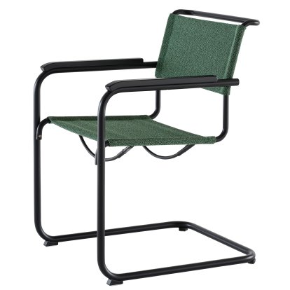 Chaise Cantilever S 33 / S 34 V Tissu, Accotoirs hêtre teinté noir, Noir mat revêtu par poudre, Tissu cento malachit - vert foncé, Patins en plastique noir avec feutre