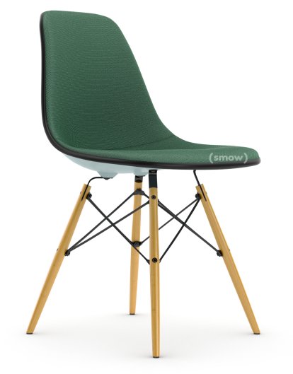 Eames Plastic Side Chair DSW, Gris bleuté, Rembourrage intégral, Menthe / forêt, Version standard - 43 cm, Érable nuance de jaune