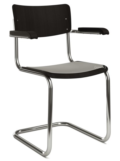 Chaise cantilever S 43 F classique avec accotoirs, Piétement chromé, Hêtre teinté, Noir (TP 29), Coussin d'assise sans rembourrage mélange gris clair, Sans patins